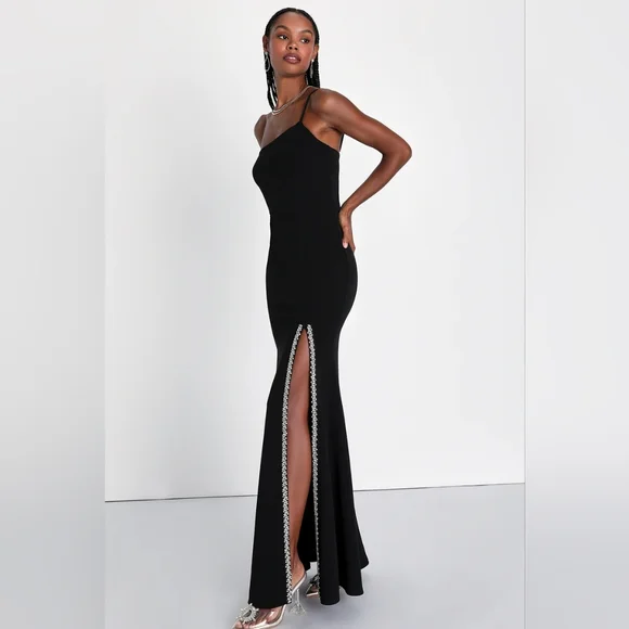Absolutely Sensational Black Rhinestone One-Shoulder Maxi Dress - Picture 3 of 4